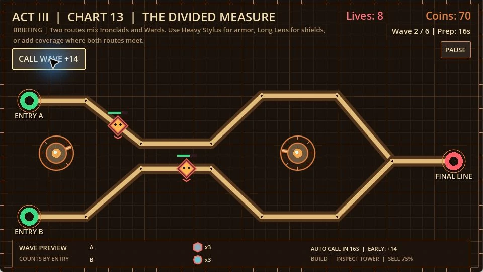 Night Cartographer gameplay showing two plotted routes, survey towers, and approaching enemies